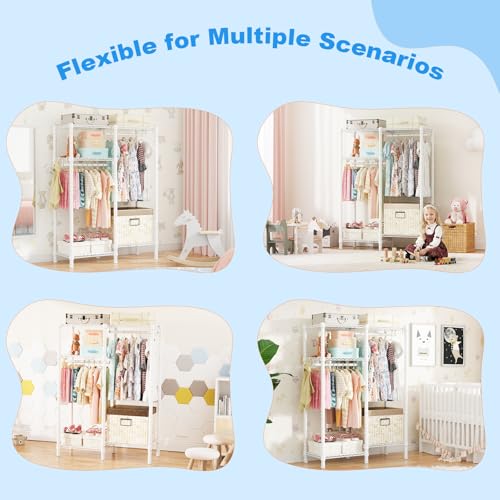 Ulif F1 Garment Rack for Kids, Baby, Students, and Children's Room, 4 Tiers Freestanding and Portable Heavy Duty Closets, Small Metal Clothes Rack with 2 Hanging Rod, 31.2" W x 11.8" D x 48" H, White - color: White