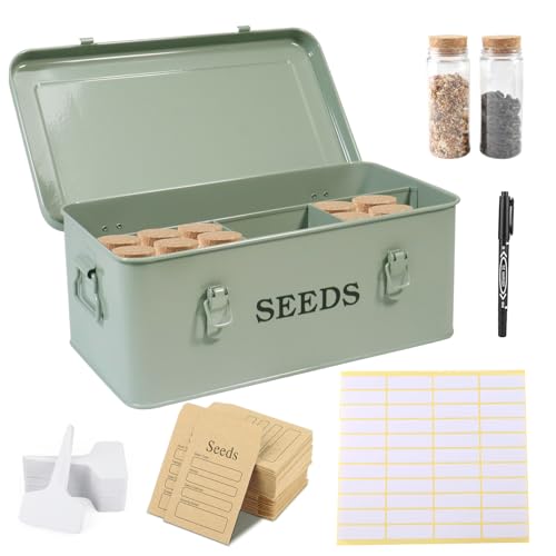 Seed Storage Organizer, 4 Compartment Seed Storage Box with Safety Lock, Metal Seed Box Seed Packet Container with 1 Pen, 12 Slots, 20 Plant Labels & 30 Seed Envelopes, Green Gardening Gift - color: Green Box with Slots