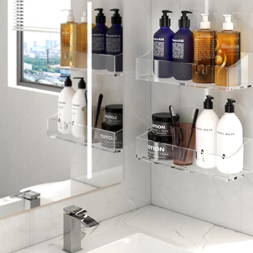 Acrylic Shower Shelves 3 Pack, Clear Adhesive Shower Caddy Organizer, Rustproof No Drill Wall Mount Bathroom & Kitchen Storage Rack - color: Clear