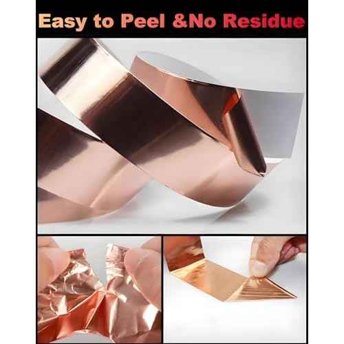 Copper Tape 1Inch x 50 Feet Double Conductive Metal Foil Adhesive Tape for EMI/RFI Shielding, DIY Crafts, Grounding, Stained Glass, Garden, Solder Paper Circuit, Guitar Interference Shield, Duct Wrap