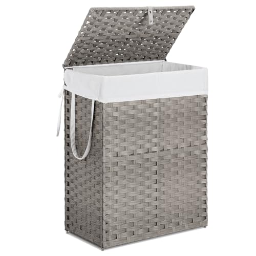 90L Laundry Hamper with Lid, Hand-Woven Pp Rattan Laundry Basket with Compartments & Handles, Removable Liner Bags,Foldable, Narrow Dirty Clothes Basket, Grey - color: 90L-Grey
