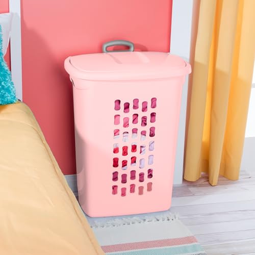 Sterilite 3 Pack Ultra Wheeled Hamper, Plastic Laundry Basket Clothes Bin with Wheels, Flip Top Lid and Retractable Handle, Pink Frost - color: Pink Frost
