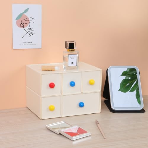 Desktop Storage Drawers, Plastic Desk Organizer with 3 Drawers, Modular Stackable Toolbox Units for Office Stationary, Makeup Container, Bathroom Countertop (1 Tall Layer, Cream) - color: 1 Tall Layer & 3 Drawers, Cream