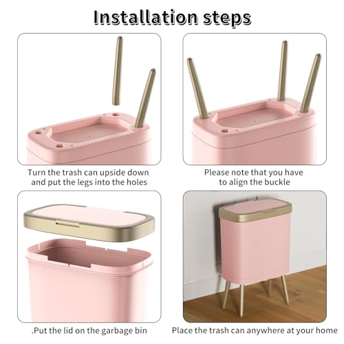 Procade Bathroom Trash Can with Lid, 4 Gallon Pink Garbage Can, Tall Plastic Trash Bin with Push Button, Slim Gold Trash Can Waste Basket for Room, Bedroom,Office,Kitchen - color: Pink