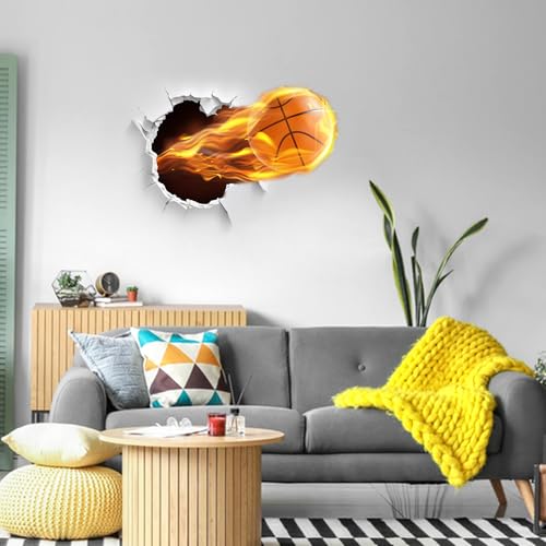 Wall Art 3D Basketball Wall Sticker, Removable Cracked Wall Decor Murals, Flying Fire Basketball Peel and Stick Wall Decals for Basketball Fans Men Boys Kids Playroom Bedroom Sports Hall