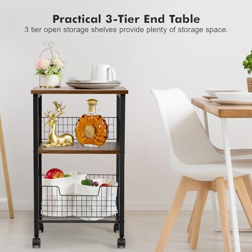 Hadulcet Small End Table, 3-Tier Side Table with Storage Basket, Industrial Style Side End Table for Living Room Bedroom Kitchen Bathroom, Rustic Brown