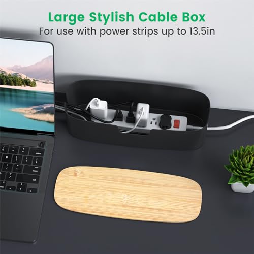Large Cable Management Box - Cord Organize Box with Bamboo lid for Safe Home & Office, Cord Hider for Power Strip Under Desk, Cover TV Wires, Child & Pet Proof Cord Box, Black