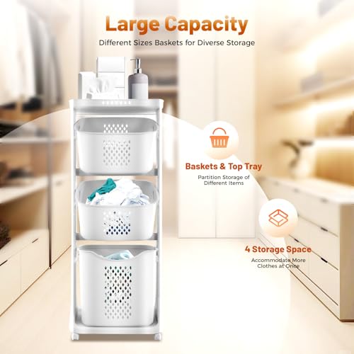 Rolling Laundry Basket Hamper, Laundry Sorter Cart 3 Section on Wheels, Stackable Tiered Organizer Baskets Shelf Rack Storage w/Compartment for Bedrooms, Classrooms, Laundry Rooms