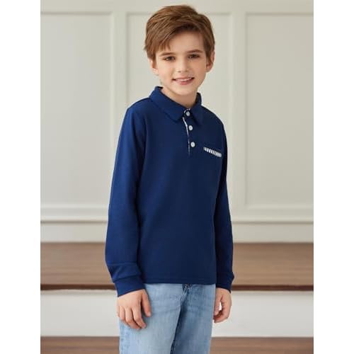 Arshiner Boy's Long Sleeve Plaid Trim Polo Shirt School Uniform Shirt with Pocket for 4-12 Years
