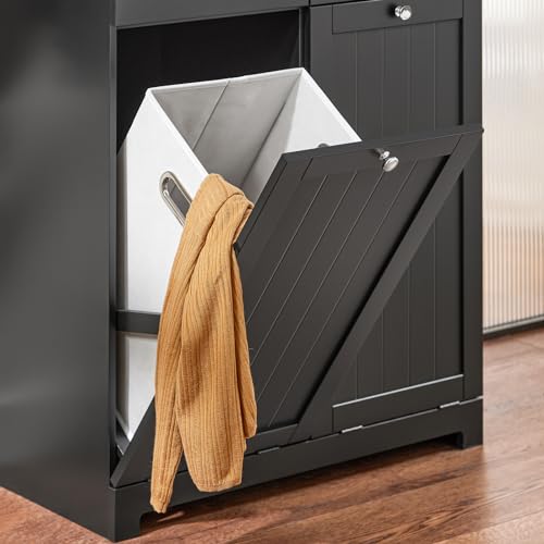 Haotian Tilt-out Bathroom Laundry Cabinet Hidden Hamper Organizer with Double Baskets and Drawers Storing Unit Storage Chest Cupboard, Black BZR33-SCH
