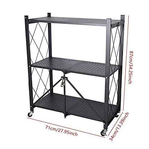 3-Tier Foldable Metal Kitchen Trolley Rack, Rolling Storage Shelf with Wheels, Perforated Mesh Shelving Organizer, for Kitchen, Home Office & Entryway