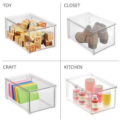 mDesign Plastic Stackable Bathroom Storage with Pull Out Bin Organizer Drawer for Cabinet, Vanity, Shelf, Cupboard, Cabinet, or Closet Organization - Lumiere Collection - 4 Pack - Clear - size: 8 x 12 x 6 (Pack of 4)