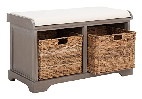 SAFAVIEH Home Collection – Freddy White Wash Storage Bench with Wicker Baskets & Cushion, Entryway Seating Bench, Fully Assembled (AMH5736G) - color: White Washed