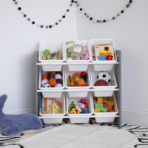 Humble Crew 9-Bin Toy Organizer – Slate Grey Wood Grain/White Plastic Bins, 3-Tier Storage Solution for Kids' Playrooms and Nurseries - color: Grey Wood Grain/White
