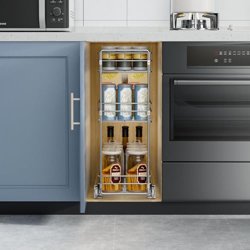 ROOMTEC Pull Out Spice Rack for Narrow Cabinet (5½" W X 20½" D),3 Tier Slide Out Cabinet Organizer and Pull Out Shelves Under Cabinet Storage for Kitchen, Chrome - size: 5½" W X 20½" D,3 Tier