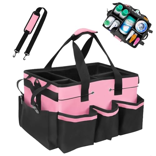 Tool Organizer Tote Bag, Pink and Black, Large Capacity with Adjustable Compartments, Portable Cleaning Storage Caddy, 14.96x10.63x9.06 Inches - color: Pink