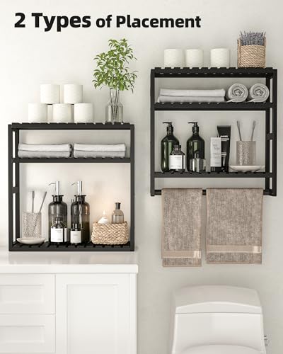 Galood Bathroom Shelves Towel Racks Over Toilet Storage with Towel Bar 3 Tier Floating Wall Mounted Space Saving Bamboo Paper Holder for Bathroom Laundry Room Kitchen Organizers (Black)