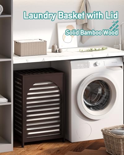 Laundry Hamper, 22.5 Gallon (85L) Bamboo Wood Clothes Laundry Basket with Lid and Handles, Removable Liner (Brown, Large) - color: Brown, size: Large