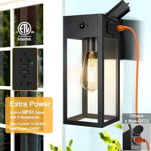 Porch Lights with GFCI Outlet, Dusk to Dawn Motion Sensor Outdoor Lights, 2 Lighting Modes Waterproof Anti-Rust Wall Sconce Lantern, Outside Light for House, Black