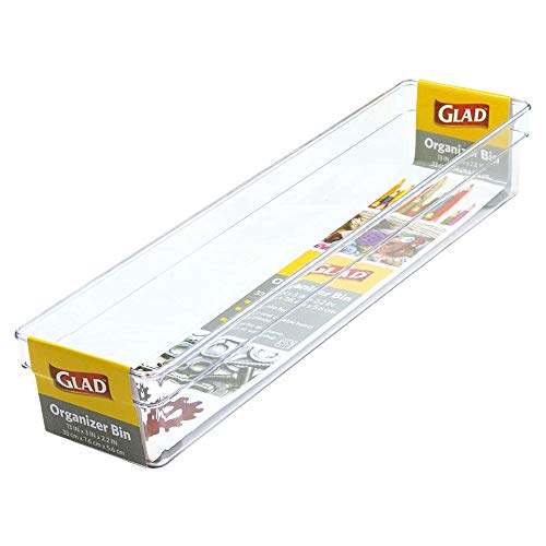Glad Plastic Drawer Storage Tray – Heavy Duty Organizer Bin for Home, Kitchen, Bath, Bedroom, Office | Non-Slip Feet, 13" x 3.25", Clear - size: 13x3 (Pack of 1)