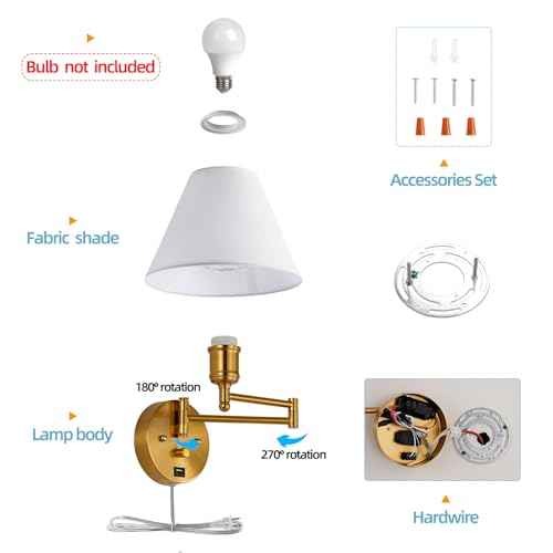 Swing Arm Wall Sconces, Plug-in Wall lamp,Bedroom Wall lamp £¬ White Fabric Shade£¬£¬with dimmable Switch and USB Charging Port, Suitable for Bedside, Living Room, Reading (Golden)
