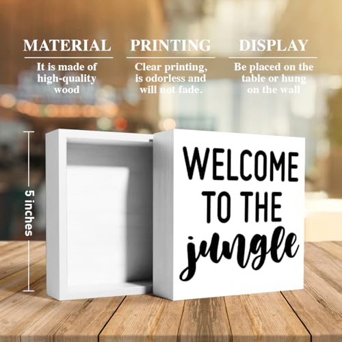 Nursery Table Decor, Baby Children's Kids Bedroom Desk Decoration for Playroom, Welcome to The Jungle Wooden Box Sign, White