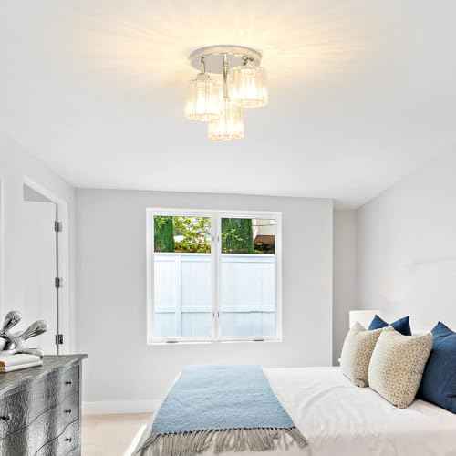 Crystal Ceiling Light Fixture, Chrome Semi Flush Mount Ceiling Light Fixture, 3-Light Hallway Lighting with Clear Crystal Shades for Kitchen Entryway Bedroom Bathroom Foyer, E26