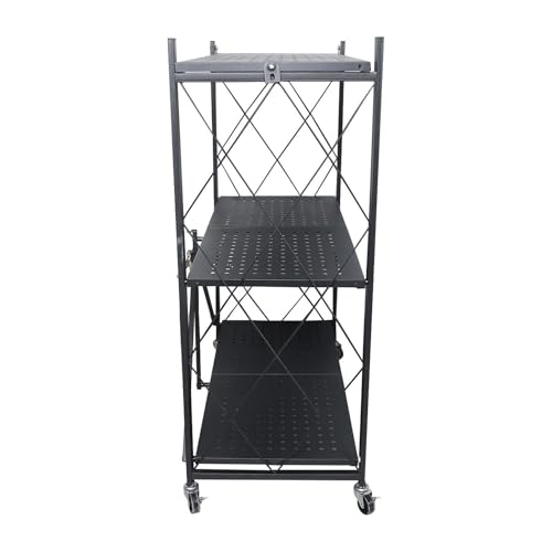 3-Tier Foldable Metal Kitchen Trolley Rack, Rolling Storage Shelf with Wheels, Perforated Mesh Shelving Organizer, for Kitchen, Home Office & Entryway