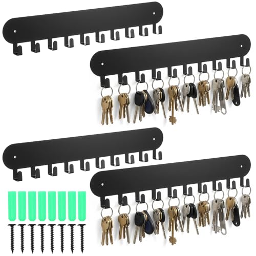 4 Pack Key Holder Wall Mount, Metal Key Chain Organizer with 10 Hooks, Heavy Duty Iron Keys Rack for Living Room, Kitchen, Garage, Office, Hallway (Black)
