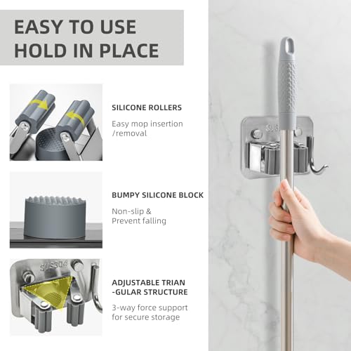 Broom Holder Wall Mount with Screws (4 Pack) Broom and Mop Organizer Wall Hanging, Anti-Slip Mop Holder Broom Hanger with Hooks, Stainless Steel Tool Rack for Garden Garage Organization - color: Silver