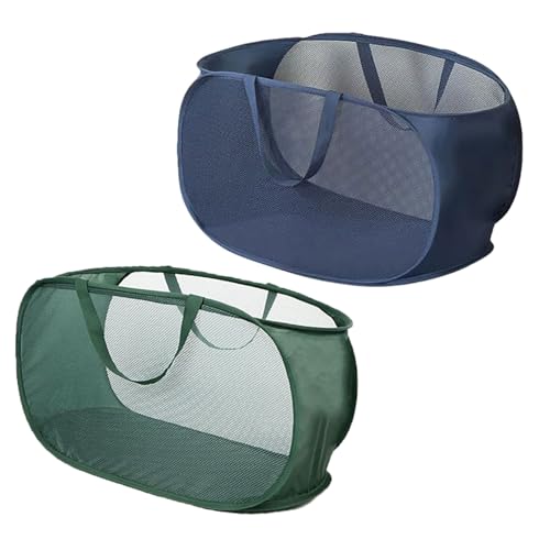 2 Piece Popup Mesh Laundry Basket Durable Handles Collapsible Laundry Baskets Folding Clothes Pastic Hamper for Laundry Room College Dorm (Navy Blue/Green) - color: Navy Blue/Green