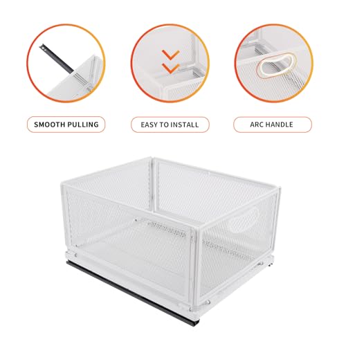 Sliding Cabinet Basket Organizer Drawer Self Adhesive Slide out Pantry Shelves Heavy Duty Carbon Steel Slide Cabinet Storage Basket with Handle for Bathroom Kitchen Home - size: Extended Medium
