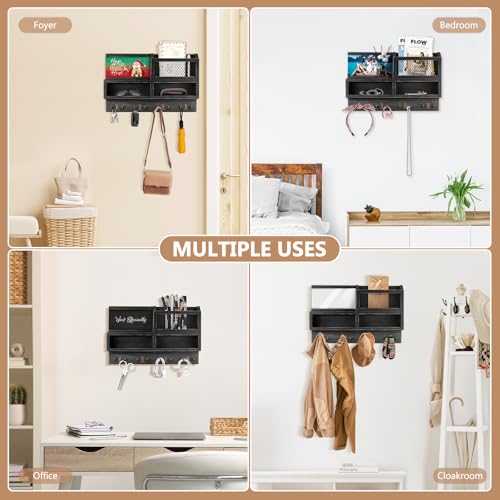 Key Holder Wall Mount, Wooden Mail and Key Organizer with Chalkboard and Mirror, 3 Greeting Cards, 8 Hooks, Black - color: Black