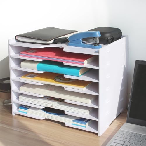SONGWAY File Organizer for Desk - 7 Tier Wide Document Holder, Letter Mail Tray Storage Rack, A4 Paper Storage Holder, Desktop Organizer for Home Office School, White - size: 7 Tier Wide