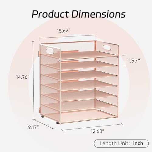 7 Tier Paper Organizer - Mesh Desktop File Holder with Handles for Office School Desk (Rose Gold) - color: Rose gold