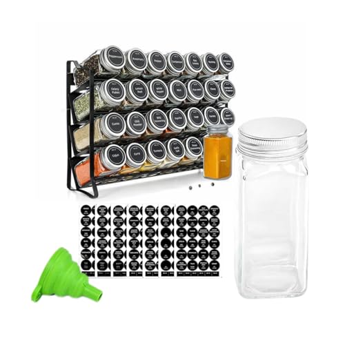 Spice Jar Rack with KEEP – 4-Tier Organizer with 28 Empty Bottles, 180 Waterproof Labels (55 Blanks), Funnel &Screws | Space-Saving Spice Storage Set for Kitchen Counter or Cabinet