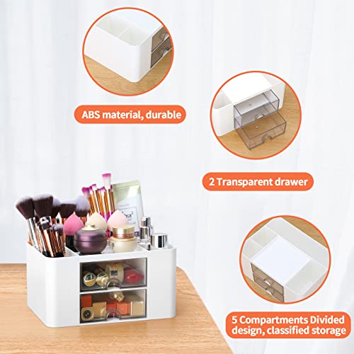 Desk Organizer with 2 Drawer, Plastic Desktop Pen Pencil Card Holder Storage Box for Desk, Office Supplies, Vanity Table Office School Home (White) - color: White
