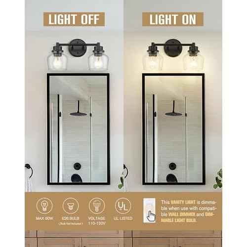 Emak Modern Black Bathroom Lights, Farmhouse Vanity Lighting Fixtures with Clear Glass Shade, 2-Light Vanity Lights for Bathroom, Makeup Desk, Mirror, VL122-BK-CG-2