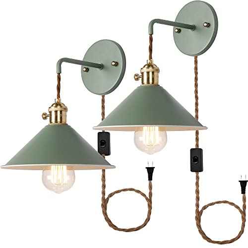 Green Plug in Wall Sconces Set of Two,Wall lamp with Plug in Cord of 2 for Bedroom Hanging Wall Lights E26 Edison Brass lamp Holder with Frosted Paint Body Bedside lamp