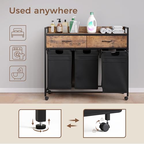 Mondeer Laundry Sorter with 2 Drawers, 150L with Pull-Out Removable Laundry Bags, Laundry Hamper Baskets with 3 Section and Wheels, Rustic Brown and Black - size: 3 Drawers