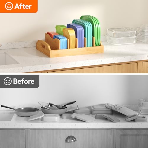 Lifewit Bamboo Lid Organizers for Inside Cabinet, Food Storage Container Lid Holder with 5 adjustable Inserts & 6 Sections, Kitchen Pantry organizer and storage, Large, 13.2" x 10"/34 x 25cm - size: Large(13.2" x 10")