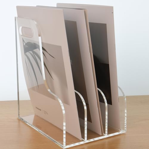 3 Vertical Compartments File Holder, Clear Acrylic Desk Organizer and Storage Bins Holding for Magazines, Binders, Notebooks, Envelopes, Multi-purpose Document Organizer for Home Office - size: A4, 3 Sections