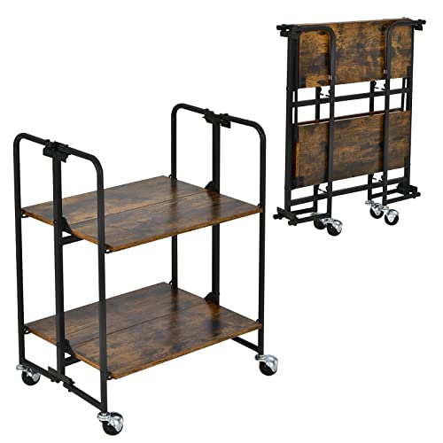 Giantex Foldable Storage Shelves with Wheels, No Assembly 2-Tier Rolling Cart, 2 of The Wheels Have Locks, Microwave Utility Cart Baker Rack, Portable Storage Rack w/Metal Frame, for Kitchen, RV - size: 27'' Tall