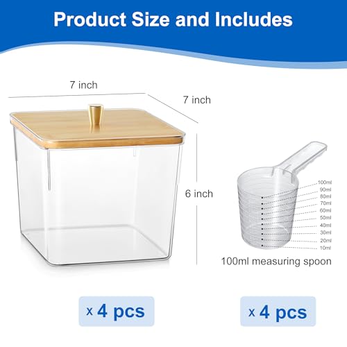 Hudgan 4 Pack Acrylic Storage Containers with Measuring Scoops for Kitchen, Laundry, Pantry, Clear Sturdy Plastic with Gold Handle Perfect for Dried Goods, Snacks, Detergent