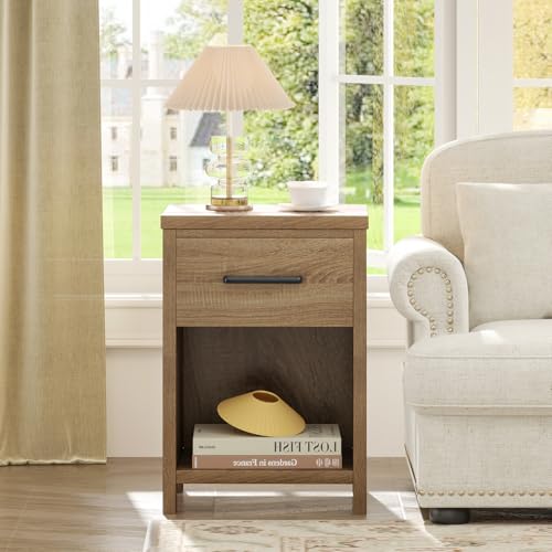 Giantex Farmhouse Nightstand, Wooden Bedside Table with Storage Drawer & Open Shelf, End Side Table, Rustic Night Stand for Small Space Bedroom & Home Office, Natural