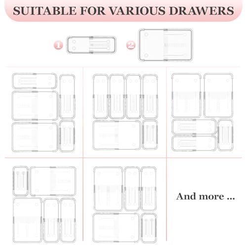 DILIBRA 12 Pcs Clear Extendable Drawer Organizer, Adjustable Drawer Storage 2-Size Desk Drawer Organizer, Plastic Non-Slip Storage Bins for Makeup Cosmetic Jewelries Utensils Stationery Dressers - size: 4Pcs Large + 8Pcs Medium