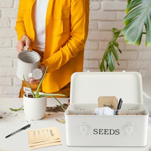 Seed Storage Organizer, 4 Compartment Seed Storage Box with Safety Lock, Metal Seed Box Seed Packet Container with 1 Pen, 12 Slots, 20 Plant Labels & 30 Seed Envelopes, White Gardening Gift - color: White Box with Slots