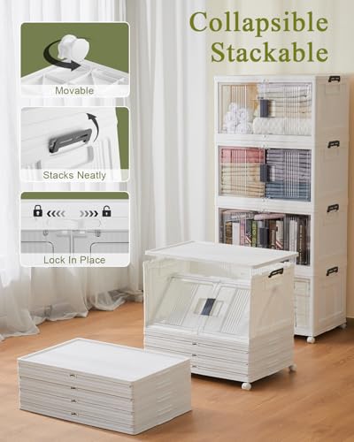OlarHike 76QT Lockable Storage Bins with Lids - Folding Storage Box with Doors and Wheels, Collapsible Plastic Storage Bins for Closets, Office, Stackable Organizer, Containers, 4 Pack Cubes - size: 76QT-White, style: 4Pack