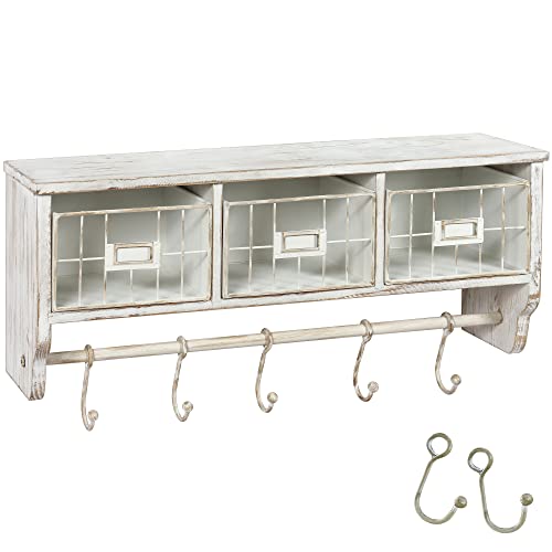 HBCY Creations Wall Mounted Shelf with Coat Hooks and Baskets, Solid Wood Entryway Organizer Wall Shelf with Hooks - Hang Coats, Keys or Coffee Mugs, Rustic Whitewashed 24" Wide - color: Whitewashed