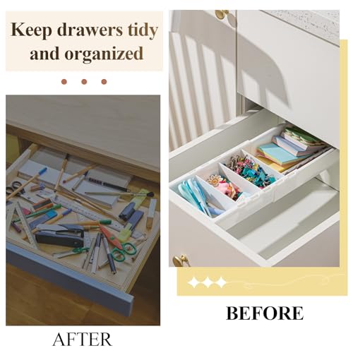 2 Pcs Expandable Drawer Organizer Bins Adjustable Deep Drawer Hanging Organizer Tray Expandable 11.4 to 18.1 Inches Plastic Dividers Storage for Office Bathroom Bedroom Kitchen Desk, White